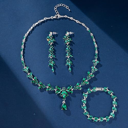 Paxuan Wedding Jewelry Sets for Bride Bridesmaid Bridal Jewelry Set for Women Wedding Crystal Necklace Earrings Bracelet Set for Party Prom Jewelry - color: Emerald Green - Silver