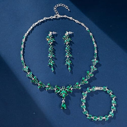 Paxuan Wedding Jewelry Sets for Bride Bridesmaid Bridal Jewelry Set for Women Wedding Crystal Necklace Earrings Bracelet Set for Party Prom Jewelry - color: Emerald Green - Silver