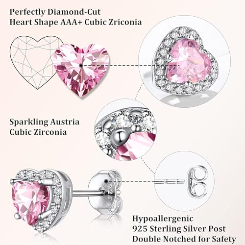 Bestyle Sparkling 925 Sterling Silver Birthstone Stud Earrings for Women, Heart/Round/Teardrop/Square Solitaire Diamond Studs Earrings, Great Birthday/Christmas Gifts - style: 10. Pink Tourmaline-Oct.-heart