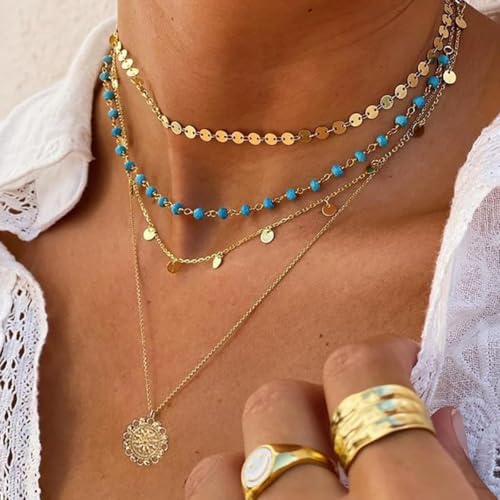HUASAI Boho Necklaces for Women Dainty Layered Choker Necklace Bohemian Turquoise Necklace Statement Jewelry Western Cowgirl Country Concert Outfits Accessories - color: A Gold Turquoise Necklace