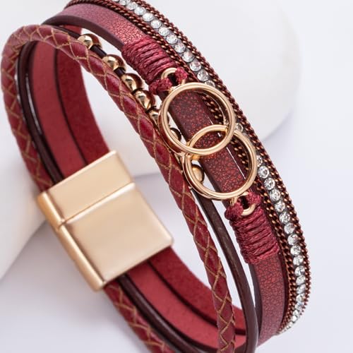 Chunky Boho Leather Wrap Bracelets Cowgirl Beaded Circle Western Jewelry | Stackable Infinity Layered Bohemian Magnetic Clasp Cuff Statement Fashion Colorful Country Hippie Outfits for Women Trendy - color: Burgundy