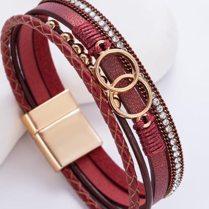 Chunky Boho Leather Wrap Bracelets Cowgirl Beaded Circle Western Jewelry | Stackable Infinity Layered Bohemian Magnetic Clasp Cuff Statement Fashion Colorful Country Hippie Outfits for Women Trendy - color: Burgundy