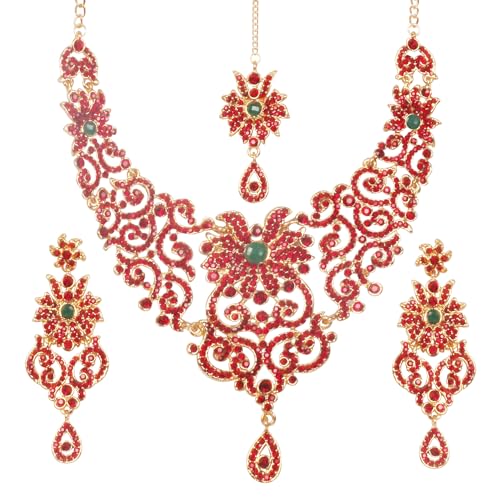 Touchstone Indian Jewelry Sets for Women Bollywood Wedding Bridal Necklace desi Earrings Formal Fancy Rhinestone India Designer Jewellery Punjabi Tikka Set in Antique Gold or Silver or White Tone - color: Red & Green