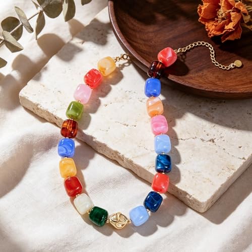 Beaded Necklaces for Women Boho Chunky Necklace Statement Big Resin Bead Choker Fashion Summer Beach Jewelry - color: Colorful
