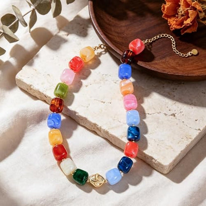 Beaded Necklaces for Women Boho Chunky Necklace Statement Big Resin Bead Choker Fashion Summer Beach Jewelry - color: Colorful