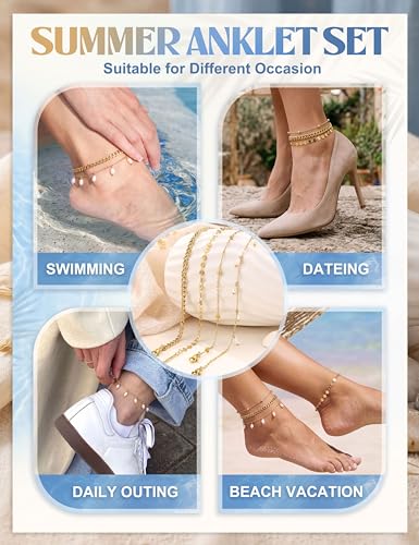 Subiceto Ankle Bracelets for Women Waterproof - 14K Gold Plated Non Tarnish Anklets Set Dainty Stainless Steel Stackable Layered for Beach Summer Jewelry Adjustable - color: 4Pcs Pearl-14K Gold Plated