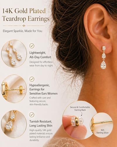 14K Gold Plated/Sterling Silver CZ Pearl Drop Dangle Earrings for Women - color: Gold-3 CZ