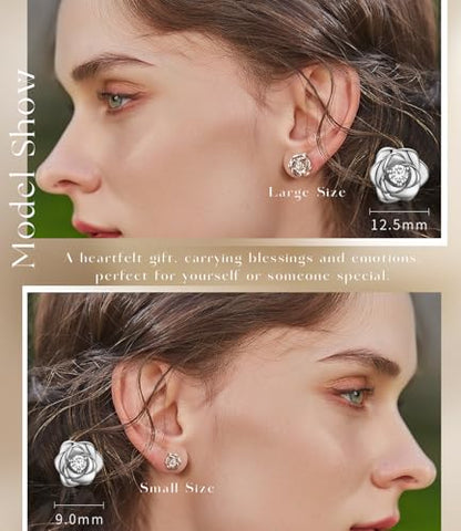 Gold Plated Sterling Silver Rose Flower Earring Studs, Hypoallergenic & Nickel Free Earrings for Women - color: White Gold Plated Silver, size: 9.0 Millimeters