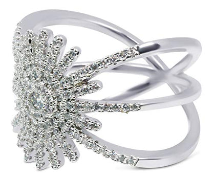 Savlano 18K White Gold Plated Cubic Zirconia Starburst Ring for Women