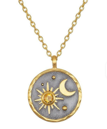 Gold Sun Moon and Stars Pendant Necklace with Birthstone Crystals as Center of Sun, Two-Tone Stainless Steel, Celestial Theme, Astrology Gift for Women, 16-20 Inch Adjustable Cable Chain - color: November Citrine