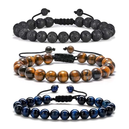M MOOHAM Mens Bracelet - Beaded Natural Stone 8mm Tiger Eye Matte Agate Lava Rock Bracelets for Men Teen Boys Grandpa Dad Birthday Gifts Jewelry - style: 3 Pcs Tiger Eye&Lava Rock