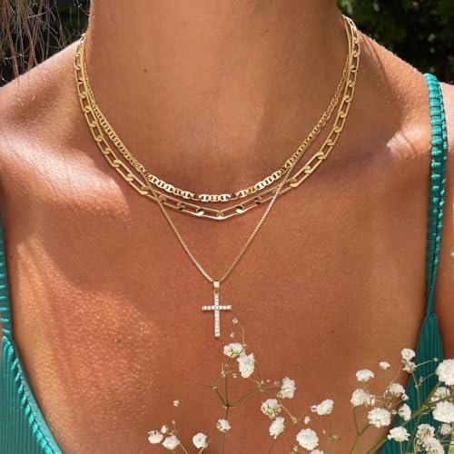 MFRYK Gold/Silver Necklaces Stack For Women,14K Gold/Sterling Silver Plated Simple Layered Choker Necklaces For Women,Stackable Multilayer Pearl Cross Disc Circle Pendant Cuban Herringbone Snake Paperclip Chain Necklaces Set Jewelry Gift for Women - style