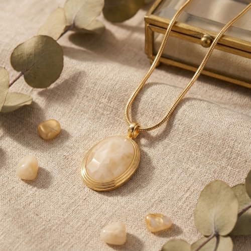 Sonateomber Gold Stone Pendant Necklace for Women, Chunky Statement Dainty Heart Oval Natural Gemstone Dangle Necklaces Wedding Prom Accessories Fashion Jewelry Gift - color: White