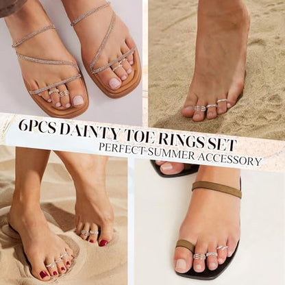 NICEIGHT 6Pcs 14K Gold Filled Toe Rings for Women Non Tarnish Silver Flower Hug Band Toe Rings Simple Adjustable CZ Twist Toe Ring Summer Beach Foot Jewelry for Women - color: Silver B