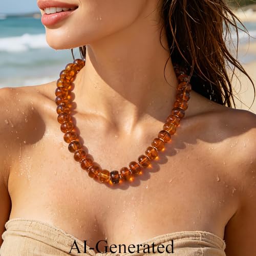 Beaded Necklaces for Women - Colorful Acrylic Beaded Chunky Necklace | Adjustable Statement Necklace, Puffy Heart Pendant, Boho Choker Necklace, Waterproof Summer Beach Jewelry, Gifts for Vacation - color: Amber