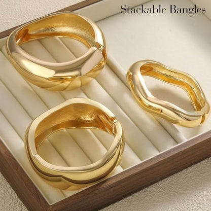 Honsny 2-3Pcs Chunky Gold Bangle Bracelets for Women Non Tarnish Stackable 14K Gold Plated Charm Cuff Bracelet Stack for Women Trendy Dainty Big Bangles Waterproof Jewelry Fashion Gifts