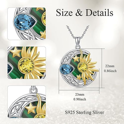 AOBOCO 925 Sterling Silver Moon Sun Star Necklace Celtic Jewelry for Women Girls - color: Silver&Gold&Malachite