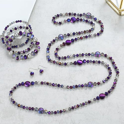 Trendy Infinity Wrap 60’’ Long Statement Necklace, Earrings and Bracelet Set - Hand Knotted Versatile Crystal and Shell Beads Strand Necklace and Chunky Beaded Stretch Bracelet Stack – Jewelry Set Gift for Women - color: Sparkly Purple/Crystal Purple Mix