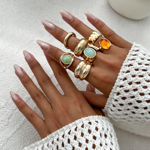 PLOUTOS Chunky Gold stone Ring Set for Women Adjustable Mixed Stone Design with Aqua Blue stone Amber Cabochons Bold Statement Fashion Jewelry Gift - color: Gold set7
