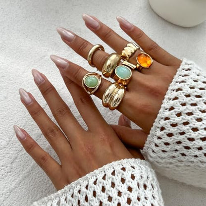 PLOUTOS Chunky Gold stone Ring Set for Women Adjustable Mixed Stone Design with Aqua Blue stone Amber Cabochons Bold Statement Fashion Jewelry Gift - color: Gold set7