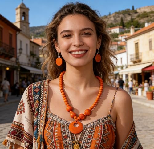 LOTSOF Boho Wooden Beaded Necklace and Earring Set for Women, Bohemian Chunky Statement Costume Jewelry, Round Drop Pendant Retro Ethnic Accessories Ladies Gift - color: Orange