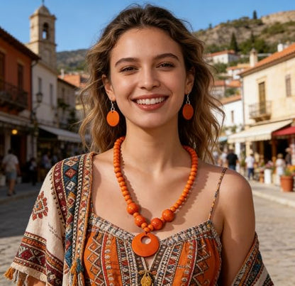LOTSOF Boho Wooden Beaded Necklace and Earring Set for Women, Bohemian Chunky Statement Costume Jewelry, Round Drop Pendant Retro Ethnic Accessories Ladies Gift - color: Orange