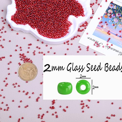 2mm Glass Seed Beads Bulk, Deep Red with Silver 12/0 Tiny Round Seed Bead, Small Mini Pony Craft Beads for Bracelet Necklace Wrist Jewelry Making Beading Weaving DIY Crafts Supplies - color: Deep Red with Silver