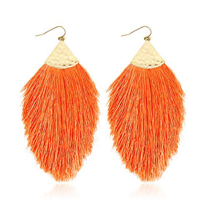 Bohemian Silky Thread Fan Fringe Tassel Statement Earrings - Lightweight Strand Feather Shape Dangles - color: Feather Fringe - Neon Orange