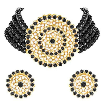 Aheli Pearl Diamond Choker Necklace & Round Earrings Gift for Women Indian Traditional Bollywood Fashion Bharatanatyam jewellery set - color: Black