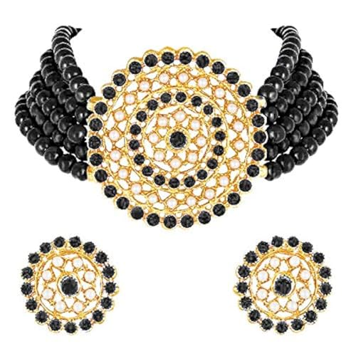 Aheli Pearl Diamond Choker Necklace & Round Earrings Gift for Women Indian Traditional Bollywood Fashion Bharatanatyam jewellery set - color: Black