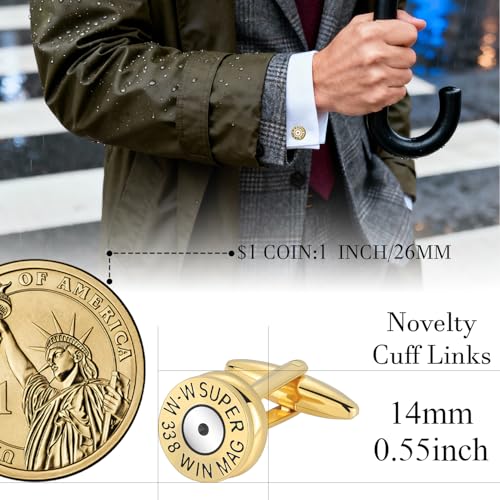 HAWSON Various Unique Cuff Links Mens, Animal/Tactical/Music/Holiday/Cufflinks, Themed Wedding Dinner Party Gift Suit Accessories - style: Gold Bullet Caliber