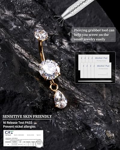 G23 Titanium Dangle 14G Belly Button Rings Sparkling CZ Navel Rings Belly Piercing Jewelry Teardrop Dangling Belly Rings Gold/Silver - color: Gold, size: 12MM