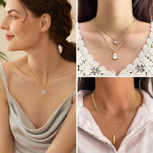 IFKM Gold Plated Jewelry Set for Women,14k Gold Plated Multi Layer Necklaces Stackable Bangle Bracelets Stackable Knuckle Rings Hoop Earrings Set Anniversary Trendy Elegance Charms Anniversary Birthday Jewelry Gift - color: Gold stackable