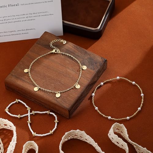 Ankle Bracelets for Women 14K Gold/Silver Plated Cross Heart Bead Anklet Waterproof Adjustable Chain Non Tarnish Cute Boho Trendy Dainty Summer Beach Foot Jewelry Gift for Her - style: 3 Layered Pearl&Disc-GD