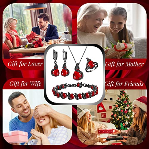 GZWHD Jewelry Set for Women Water Drop Cubic Zirconia Artificial Crystal Earrings Pendant Necklace Open Ring Tennis Bracelet Wedding Anniversary Birthday Engagement Gift for Bridesmaid Wife Girlfriend Friend - color: Black Gun-Ruby