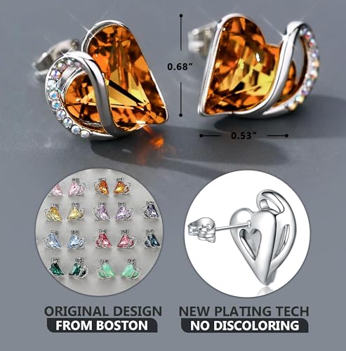 Infinity Love Heart Stud Earrings for Women, Birthstone and Healing Stone, Gifts for Mom, Wife, and Her, Silver Plated - color: 11a-November-Amber Brown
