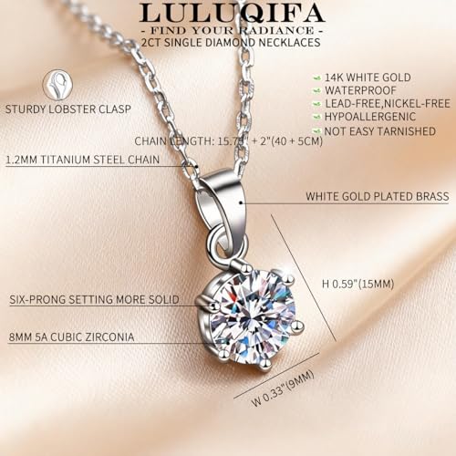 2Ct Cubic Zirconia Necklaces for Women Dainty Solitaire Simulated Diamond White Gold Pendant,Silver Clavicle Choker Adjustable Chain,Luxury Trendy Jewelry for Anniversary Her Mom Wife Gifts - color: Round