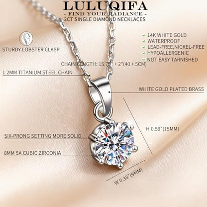 2Ct Cubic Zirconia Necklaces for Women Dainty Solitaire Simulated Diamond White Gold Pendant,Silver Clavicle Choker Adjustable Chain,Luxury Trendy Jewelry for Anniversary Her Mom Wife Gifts - color: Round