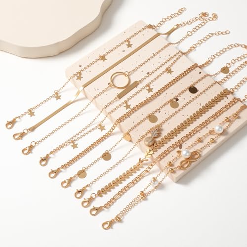 12pcs Gold/Silver Ankle Bracelets for Women Layered Waterproof 14k Cuban Link Chain Anklets Set Adjustable Dainty Summer Beach Gold Accessories Boho Bracelet Jewelry - style: 10PCS Style D