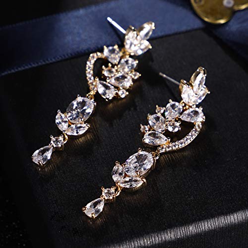 CZ Bridal Earrings for Wedding - 14k Plated Sterling Silver Elegant Teardrop Cubic Zirconia Crystal Rhinestone Floarl Leaf Cluster Chandelier Statement Dangle Drop Earrings for Bride Bridesmaids Party - color: Floral - Gold