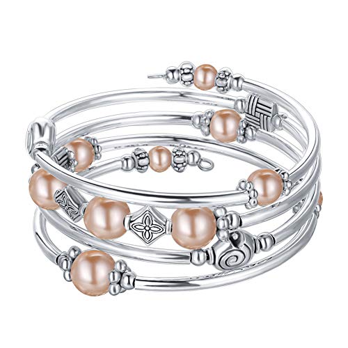 Beaded Pearl Bangle Wrap Bracelet - Fashion Bohemian Jewelry Multilayer Charm Bracelet with Thick Silver Metal Beads, Gift For Women - color: Champagne