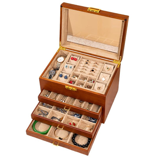 Walnut Wood Jewelry Box, 4-Tier Soild Wood Jewelry Box with 3 Drawers Large Storage Lockable Jewelry Organizer with Glass Lid Gifts for Necklaces Rings Earring Watches Bracelets - color: Khaiki velvet, size: 4-Tier(11"L x 7.8"W x 7.8"H)
