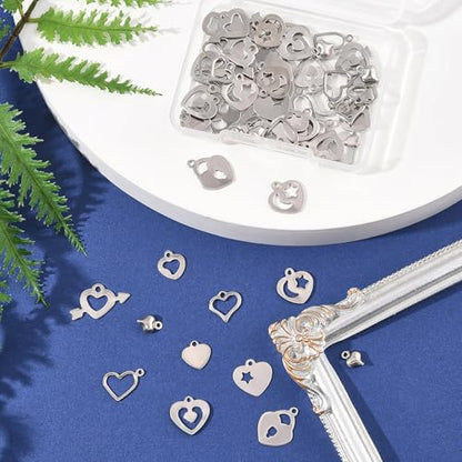 8-64Pcs Silver Goldern Color Heart Pendants Charms 10 Styles Heart Stainless Steel Metal Charms for Jewelry Making Crafting Necklaces Bracelets Earrings Keychains Birthday Gift - color: Silver-60 pcs