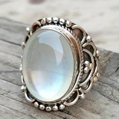 Vintage Imitation Moonstone Statement Ring Jewelry for Women | Beach, Seaside, Vacation, Travel, Outdoor, Hiking, Music Festival, Street Style, Casual Party, Bohemian Style Occasion - color: Silver Color
