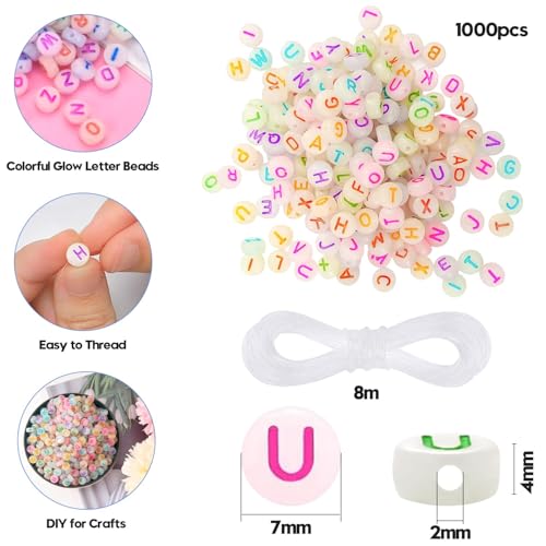 1000Pcs Glow Letter Beads Acrylic Alphabet Bead Glow in The Dark, 4x7 mm Round Beads for Friendship Bracelets and DIY Crafts - color: Glow in the dark(Round)