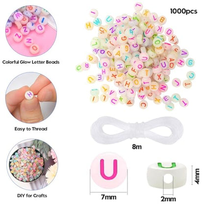 1000Pcs Glow Letter Beads Acrylic Alphabet Bead Glow in The Dark, 4x7 mm Round Beads for Friendship Bracelets and DIY Crafts - color: Glow in the dark(Round)