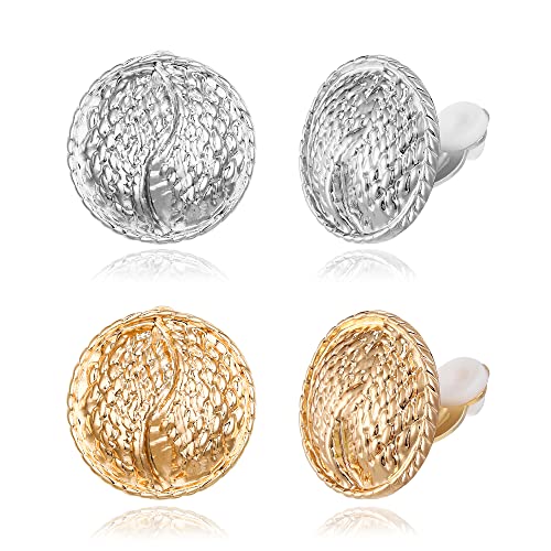 FANZE 2 Pairs Matte Gold Sliver Clip on Earrings for Women No Piercing | No Piercing Button Earring Comfortable Fashion Jewelry Gift - color: Set-4