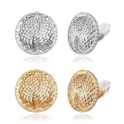 FANZE 2 Pairs Matte Gold Sliver Clip on Earrings for Women No Piercing | No Piercing Button Earring Comfortable Fashion Jewelry Gift - color: Set-4