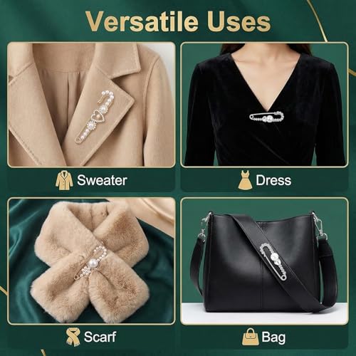 4 Pcs Women Brooch Pins Set, Faux Crystal Pearl Decorative Brooches, Multipurpose Sweater Shawl Clips, Safety Fastener Clothes Buckle Clips, Stylish Dress Shirt Clips for Daily Outfit Decoration