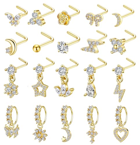 20Pcs Gold/Silver Dangle Nose Ring L Shaped Dangling Nose Stud Stainless Steel Nose Ring Studs CZ Cross Heart Snowflower Butterfly Moon Flower Dangle Nose Rings Hoops Nose Piercing 20G for Women - color: Gold